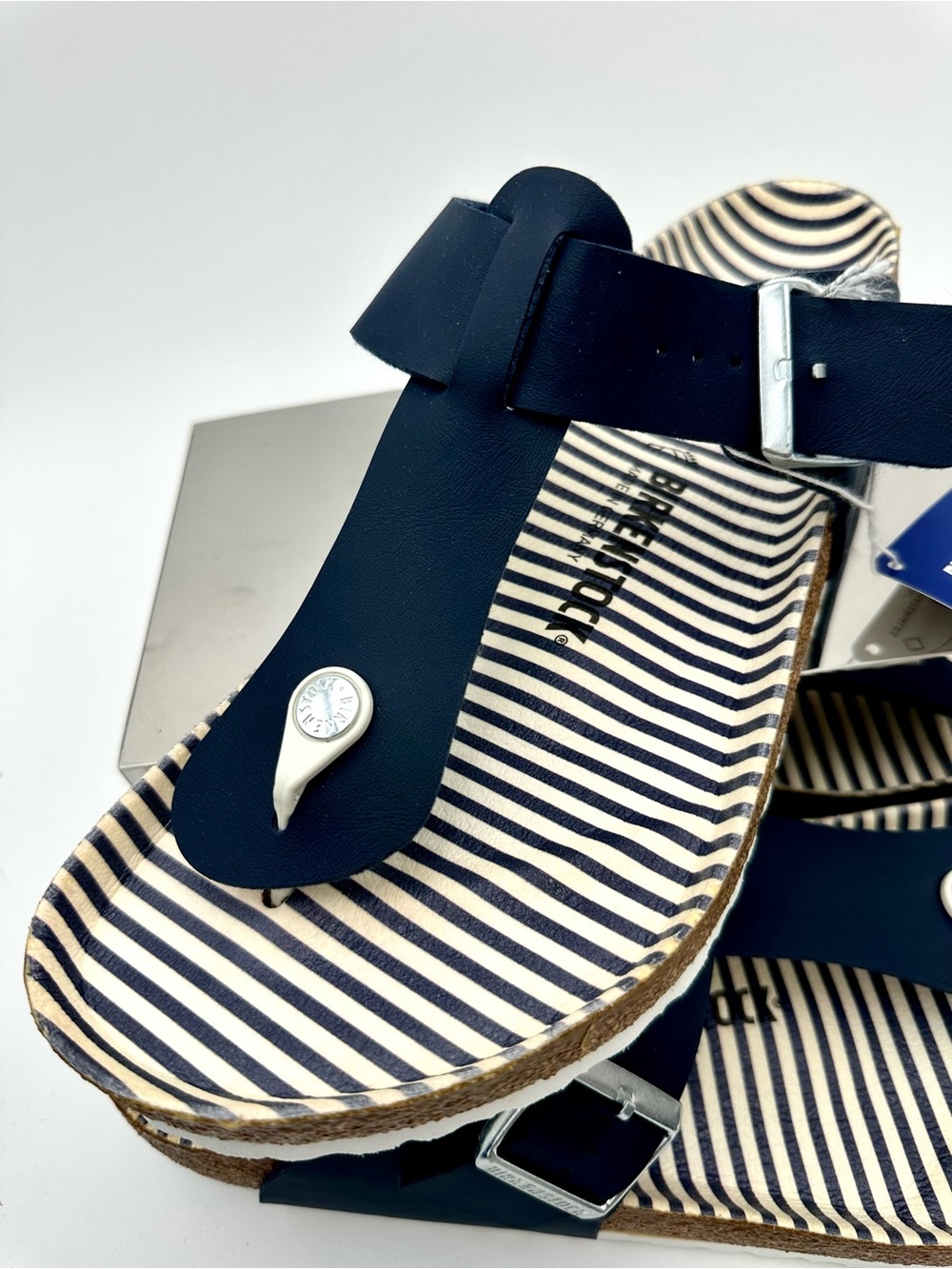 Birkenstock Medina 45 Rare White Stripped Footbed , Navy Blue Upper Nautical